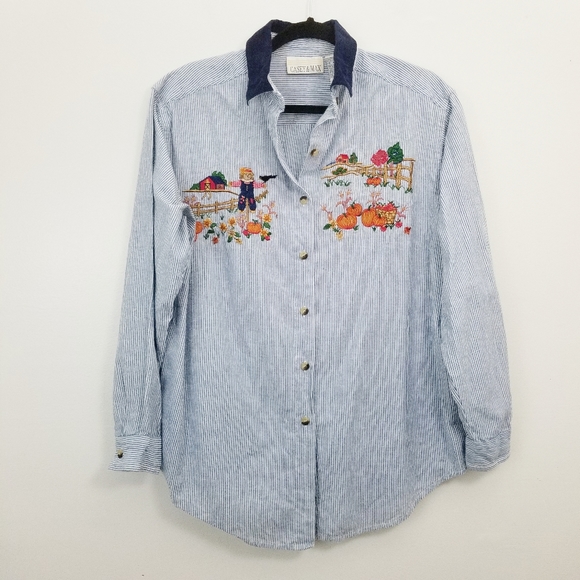 Vintage Casey & Max 90s Autumn Fall Pumpkin Scarecrow Button Down Corduroy Top - Picture 1 of 7